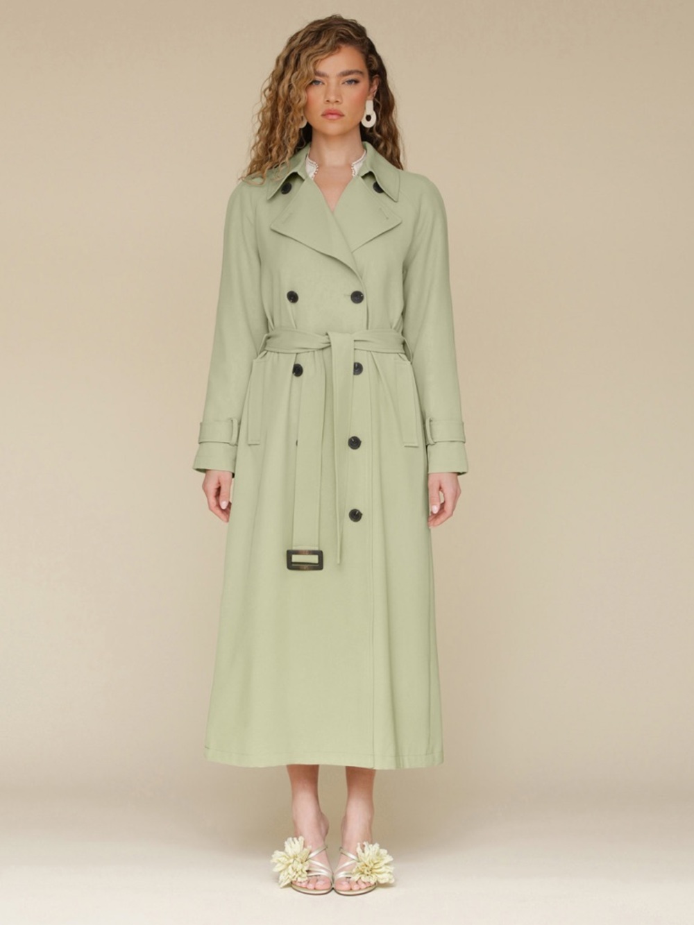 Avec Les Filles Pale Green Double-Breasted Trench Coat